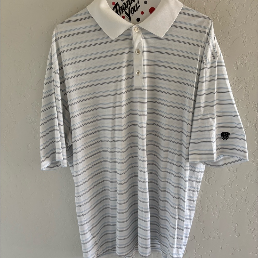 White, Baby Blue, and Gray Striped Polo Shirt with Relaxed Fit